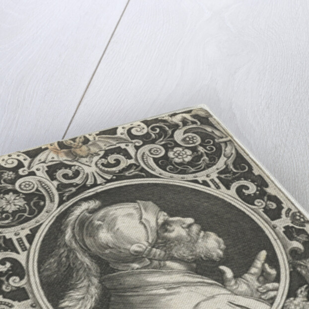 Portrait of Godfrey of Bouillon in medallion inside rectangular frame with ornaments by Anonymous