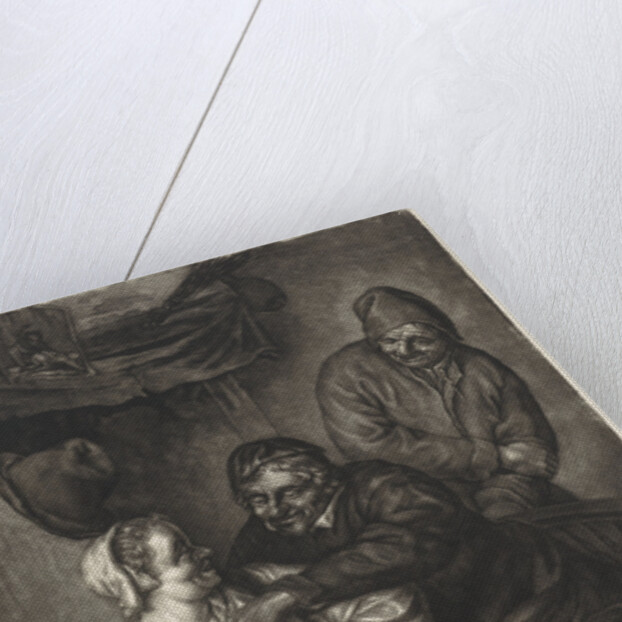 Tavern scene with three figures with a fireplace by Adriaen van Ostade