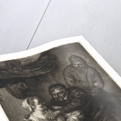 Tavern scene with three figures with a fireplace by Adriaen van Ostade