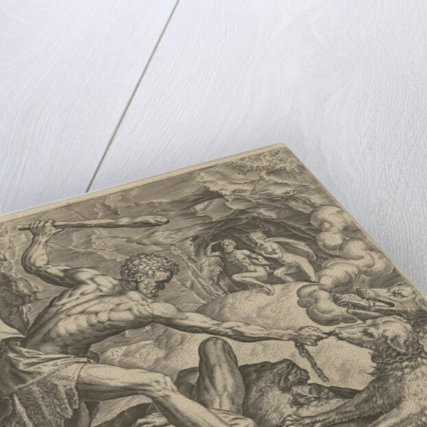 Hercules drags Cerberus from Hell by Julius Goltzius Cornelis Cort