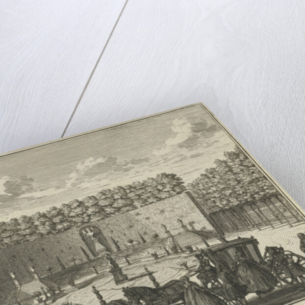 View of the terrace in the French garden of House ter Meer in Maarssen, in the foreground stands a carriage drawn by six horses by Hendrik de Leth