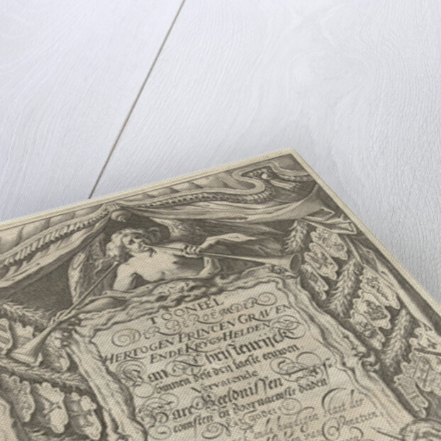 Cartouche with title and the allegorical figures Father Time and History by Nicolaes de Clerck