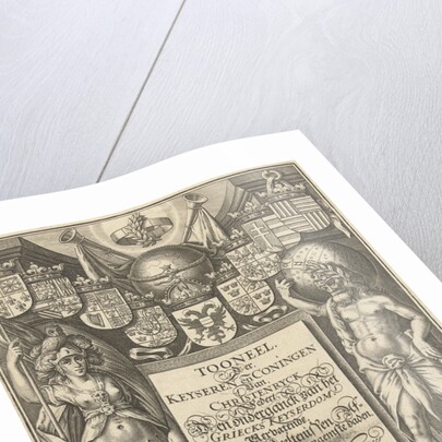 Cartouche with title, flanked by Hercules with celestial globe and Minerva by Willem Jacobsz. Delff