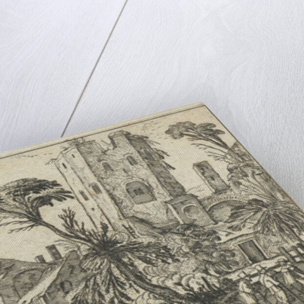 Three men on a path along a crumbling tower by Visscher II