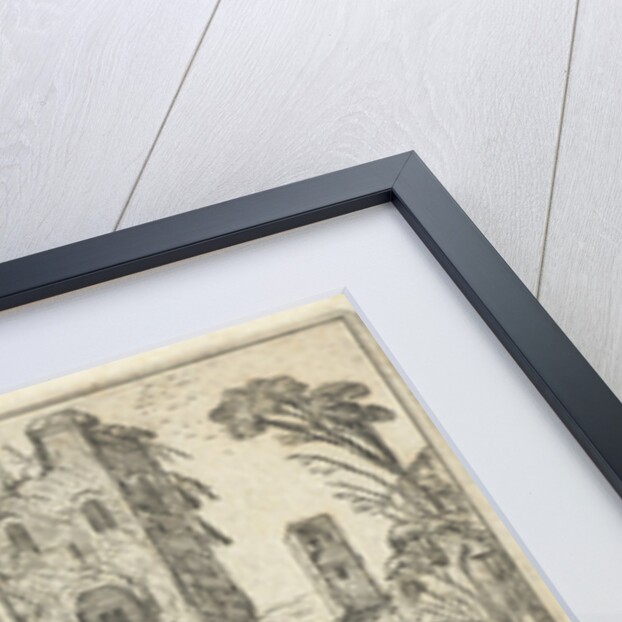 Three men on a path along a crumbling tower by Visscher II