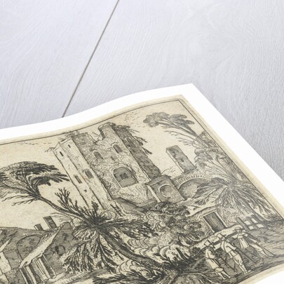 Three men on a path along a crumbling tower by Visscher II