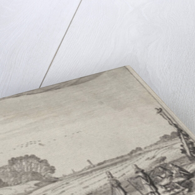 Four elegantly dressed men on a path to a castle by Jan van de Velde II