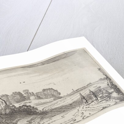 Four elegantly dressed men on a path to a castle by Jan van de Velde II