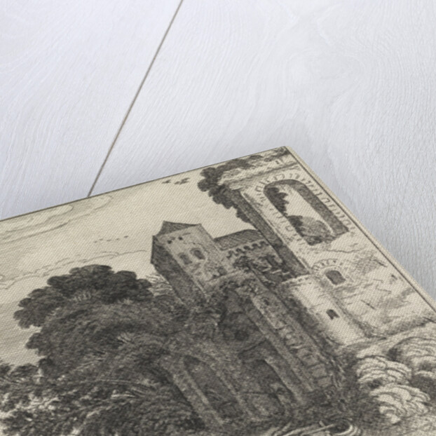 Three figures on a bank of a river near a castle by Jan van de Velde II