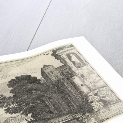 Three figures on a bank of a river near a castle by Jan van de Velde II