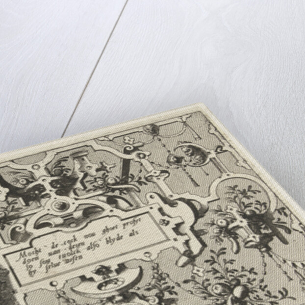 Cartouche with grotesques, bottom center is a child by Hieronymus Cock