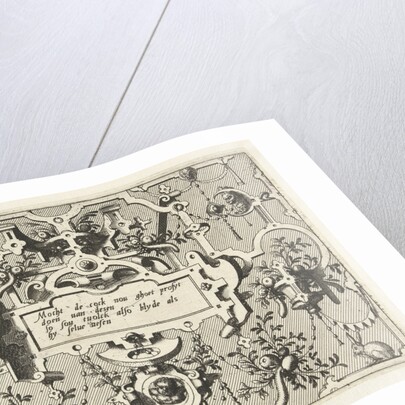 Cartouche with grotesques, bottom center is a child by Hieronymus Cock