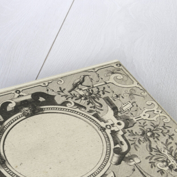 Round cartouche surrounded by scroll work with garlands and fruit bunches by Hieronymus Cock