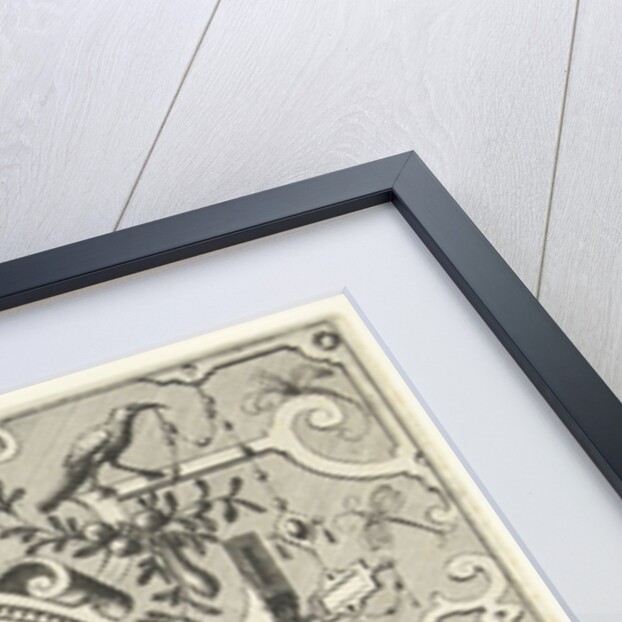 Round cartouche surrounded by scroll work with garlands and fruit bunches by Hieronymus Cock