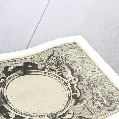 Round cartouche surrounded by scroll work with garlands and fruit bunches by Hieronymus Cock