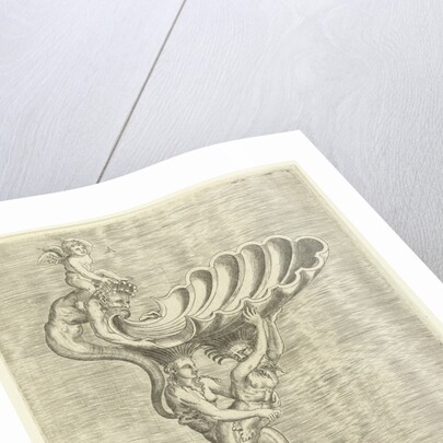 Scale in the form of a shell, supported by a mermaid and a merman by Hieronymus Cock