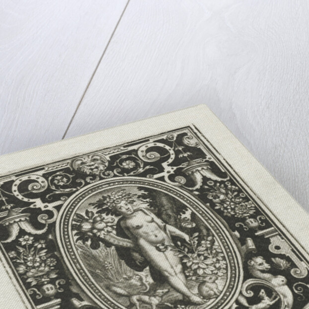 Element earth as a young woman with cornucopia and rosebush in picture frame with ornaments by Assuerus van Londerseel