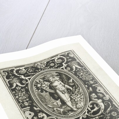 Element earth as a young woman with cornucopia and rosebush in picture frame with ornaments by Assuerus van Londerseel