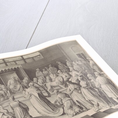 The Queen of Sheba kneels before King Solomon in the throne room, on either side of the throne of Solomon six lions by Nicolaes de Bruyn