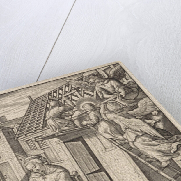 Christ Child puts a roof by Hieronymus Wierix