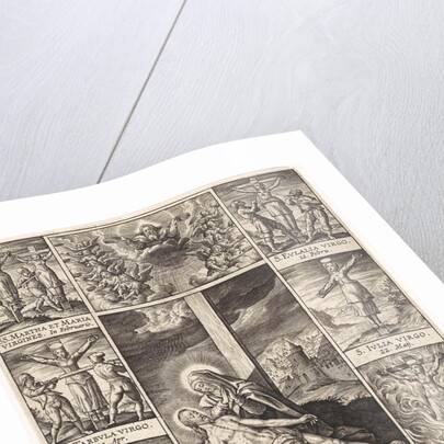 Pieta surrounded by scenes of crucified martyrs by Hieronymus Wierix