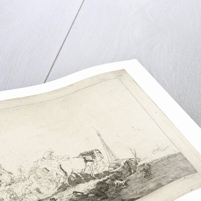 Beach Scene with man and dog in water by Joannes Bemme