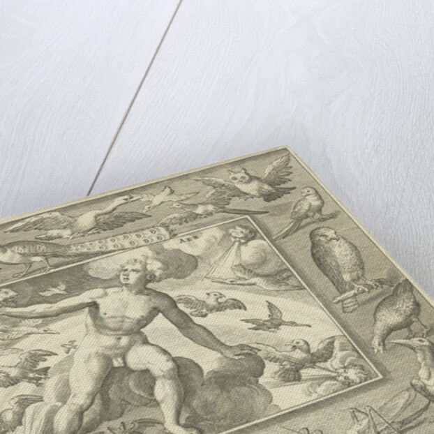 Element air as a young man on clouds between flying birds by Maerten de Vos