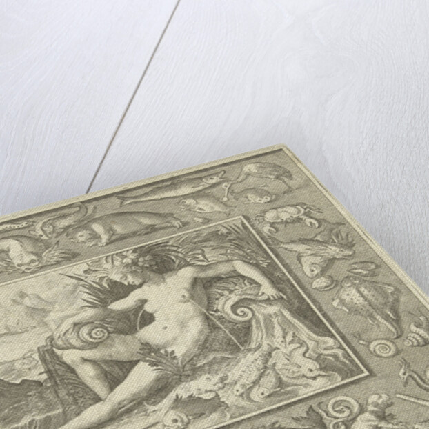 Element water as naked woman sitting near a well with fish, water flowing from her breasts by Nicolaes de Bruyn