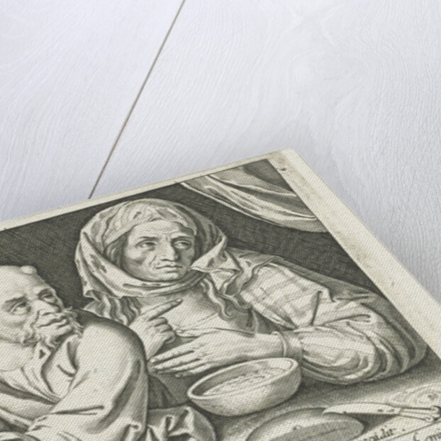 Man and woman eating porridge by Pieter Goos