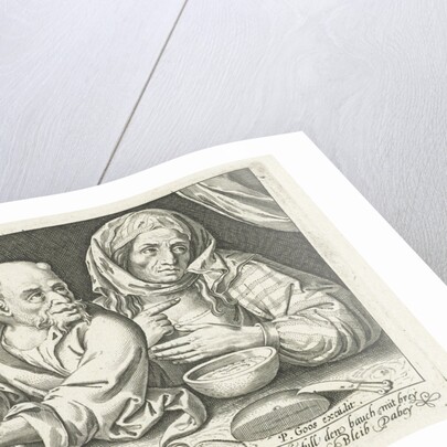 Man and woman eating porridge by Pieter Goos