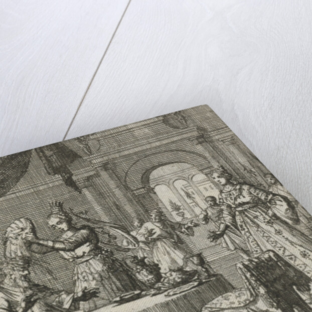 Queen turns a plate of food over above the head of her husband by Aart Wolsgrein