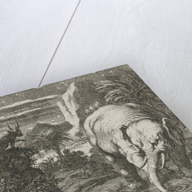 Hare and elephant with a full moon near a spring by Aart Wolsgrein