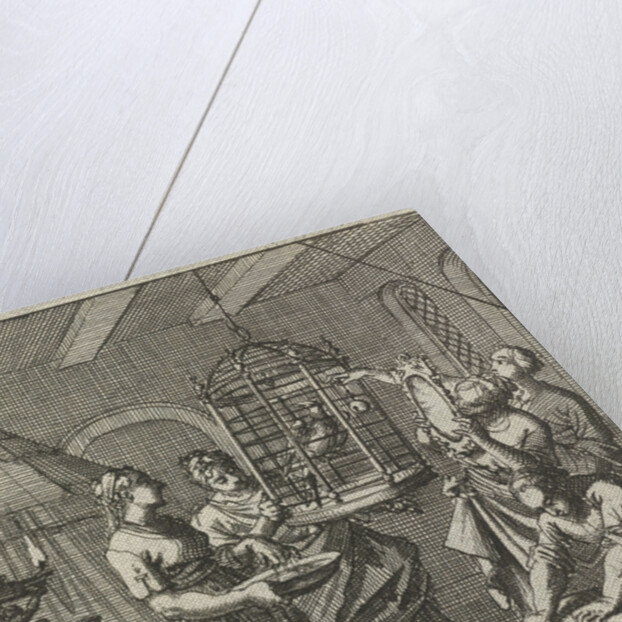 Five handmaidens see a magpie in a cage by Aart Wolsgrein Jan Luyken