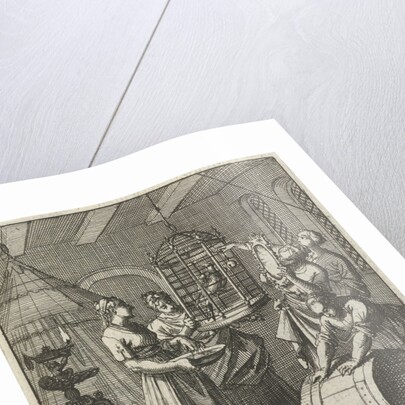 Five handmaidens see a magpie in a cage by Aart Wolsgrein Jan Luyken