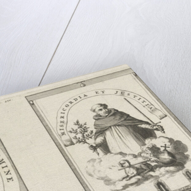 Medallion with cross of knotty wood, St. Dominic with sword and olive branch in hand by Henricus Wetstein