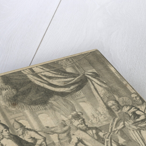 Two priests offer a king a book during a meal by Willem Broedelet