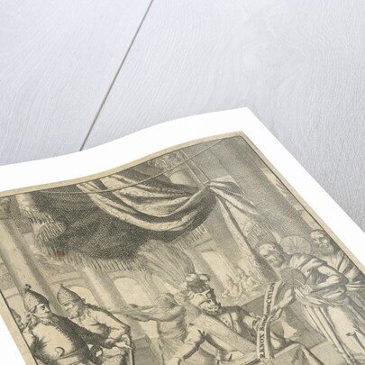 Two priests offer a king a book during a meal by Willem Broedelet