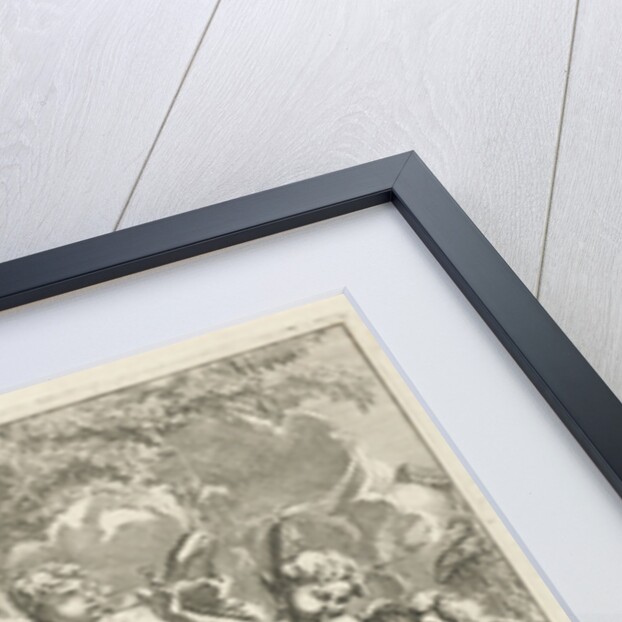 Two allegorical female figures surrounded by angels in front of a memorial by Caspar Luyken