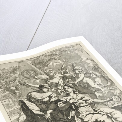 Two allegorical female figures surrounded by angels in front of a memorial by Caspar Luyken