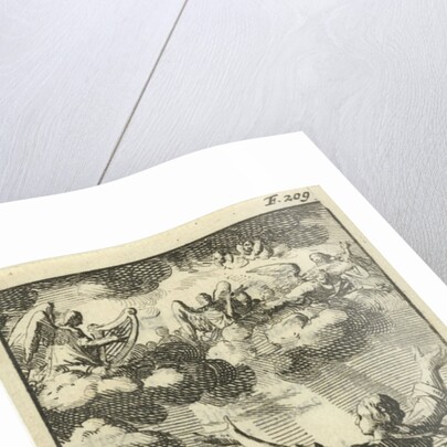 Woman listening with outstretched arms to the choir of angels in the clouds above her by Gijsbert de Groot