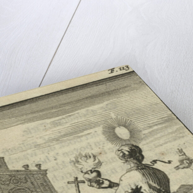 Female holding a burning heart, beholds the crucified Christ by Gijsbert de Groot