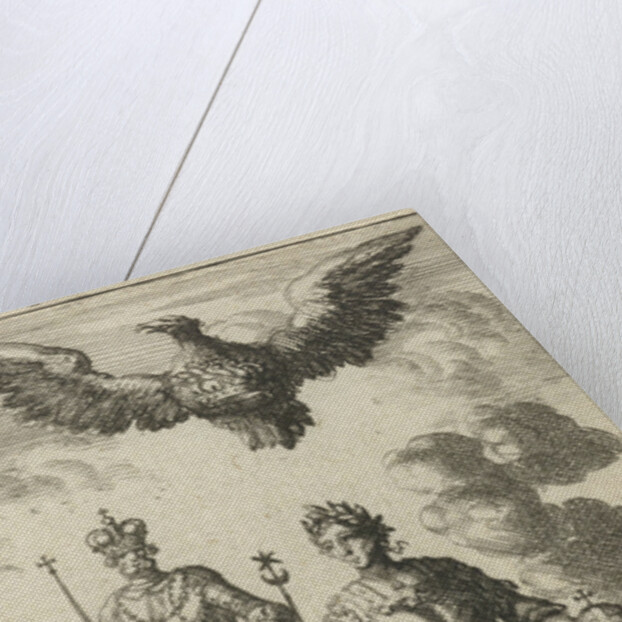 Roman emperor with scepter and globe, flying above him is an eagle with a crown in its clutches by Jurriaen van Poolsum