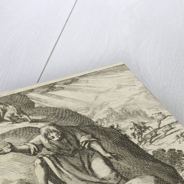 A man looks at a big stone rolling down a mountain after it slipped out of his hands by Pieter Arentsz II