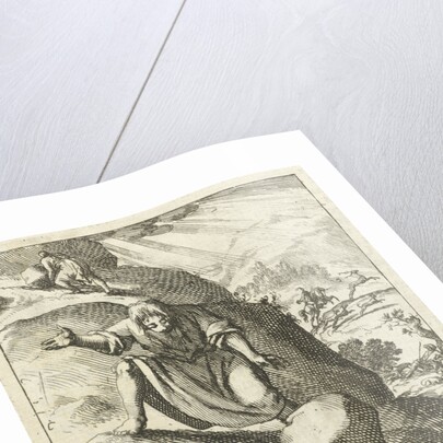 A man looks at a big stone rolling down a mountain after it slipped out of his hands by Pieter Arentsz II