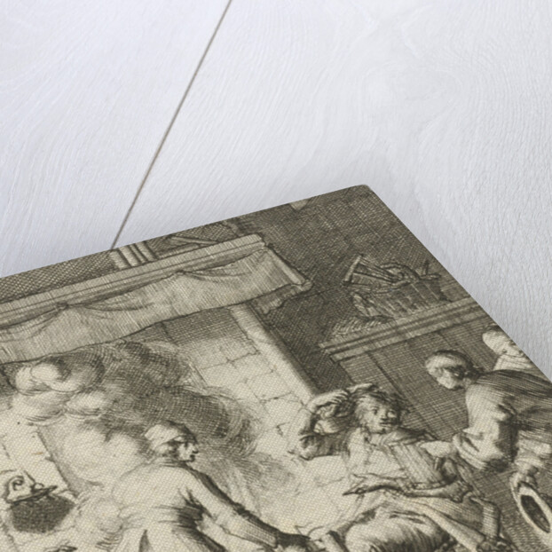 Five people around the fire to welcome the writer Willem Sluiter by Gerbrandt Schagen