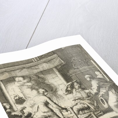 Five people around the fire to welcome the writer Willem Sluiter by Gerbrandt Schagen