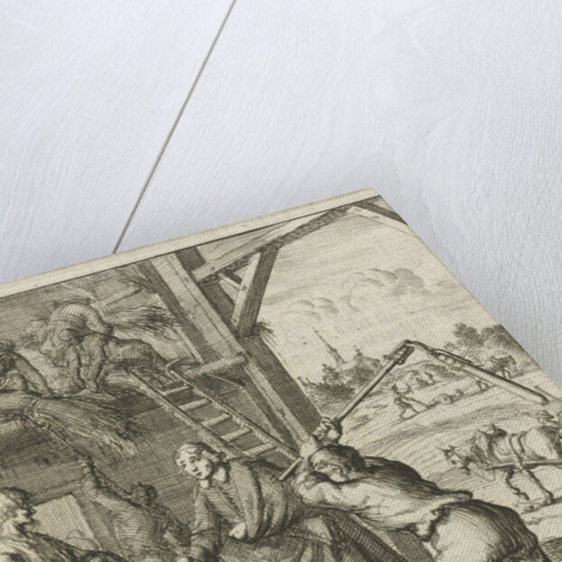 The writer William Shutter visits two farmers in a threshing barn by Gerbrandt Schagen