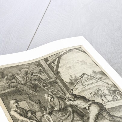 The writer William Shutter visits two farmers in a threshing barn by Gerbrandt Schagen