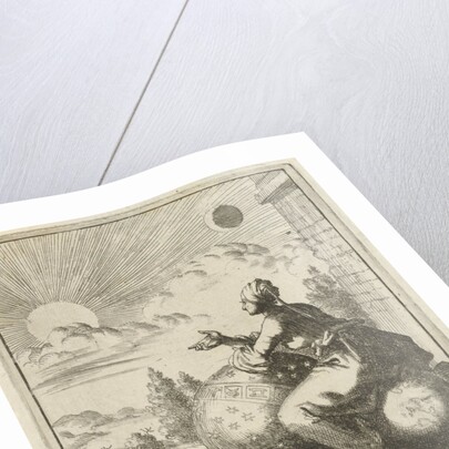 Female looking, sitting on a globe and leaning on a celestial globe, the setting sun by Jan Luyken