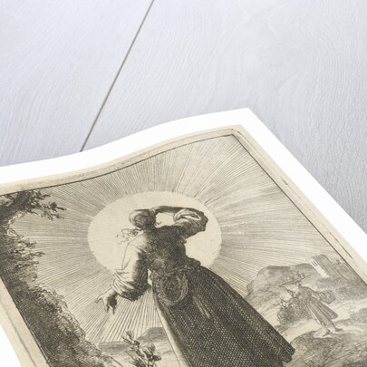 Woman holds her hand before her eyes while looking at the sun by Pieter Arentsz II